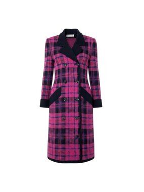 Saint Laurent Double Breasted Chesterfield Knit Coat Plaid Multicolor Wool